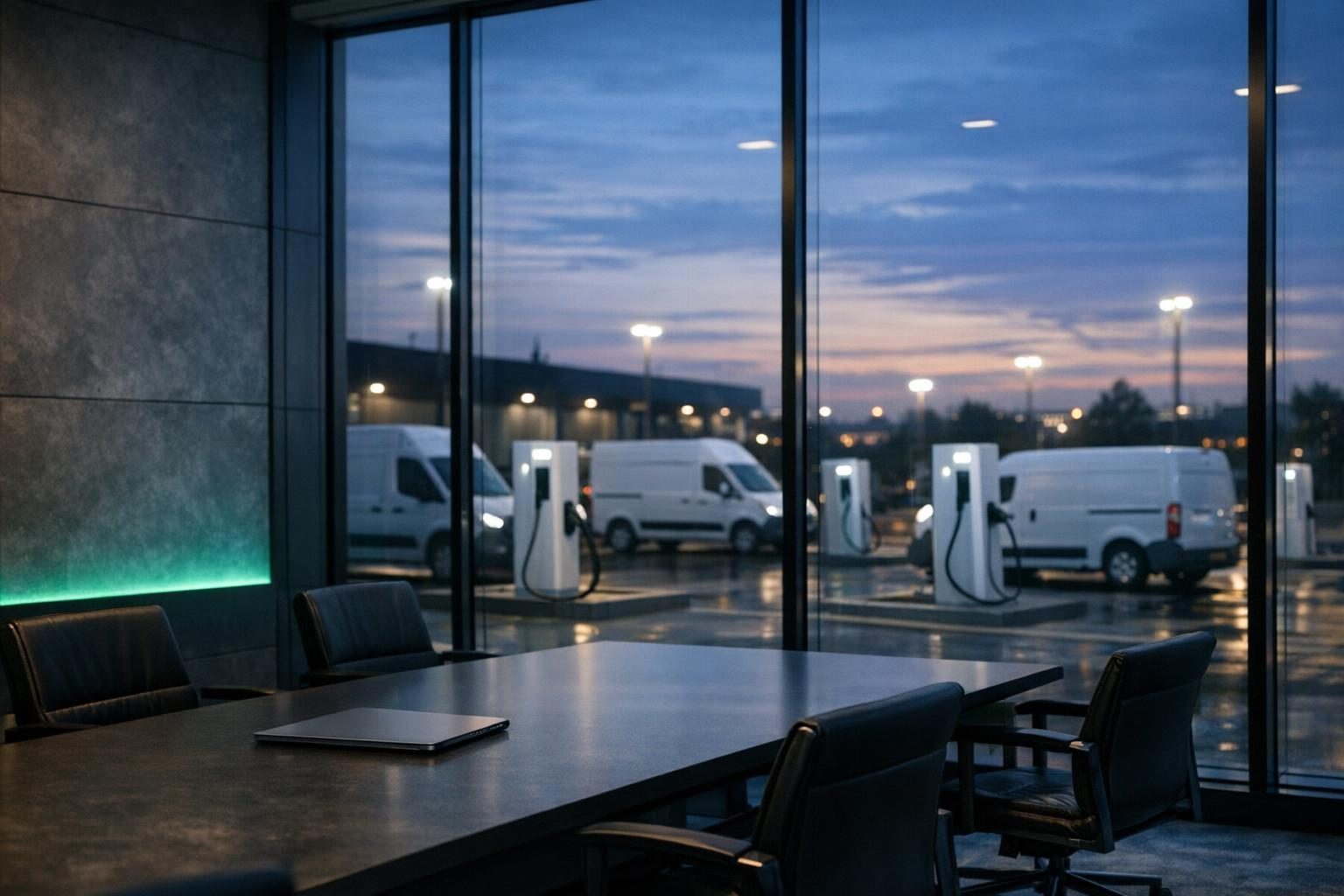 Meeting room overlooking an unbranded commercial EV depot