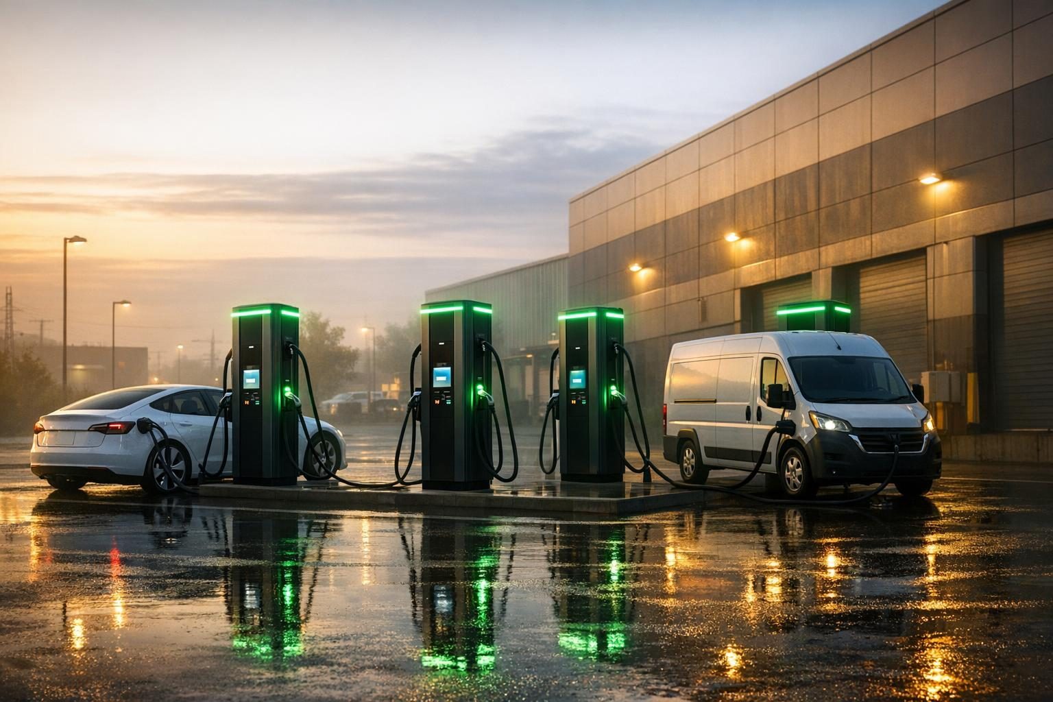 Urban commercial EV charging hub at dawn