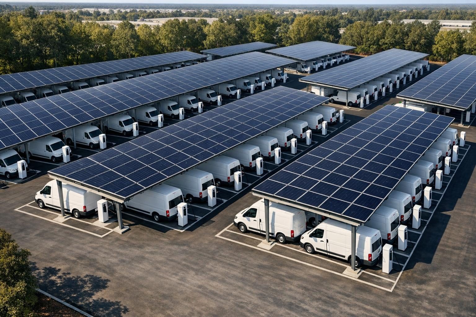 Aerial view of a solar-canopy EV fleet depot