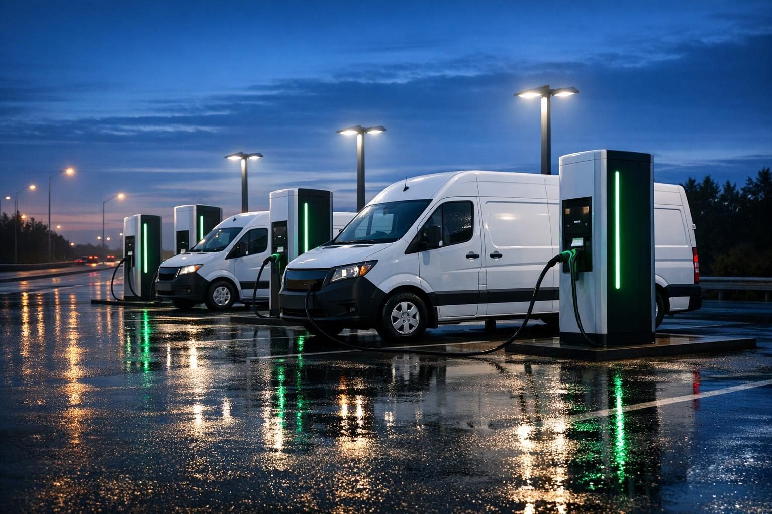 Fleet vans at an unbranded corridor charging plaza at blue hour