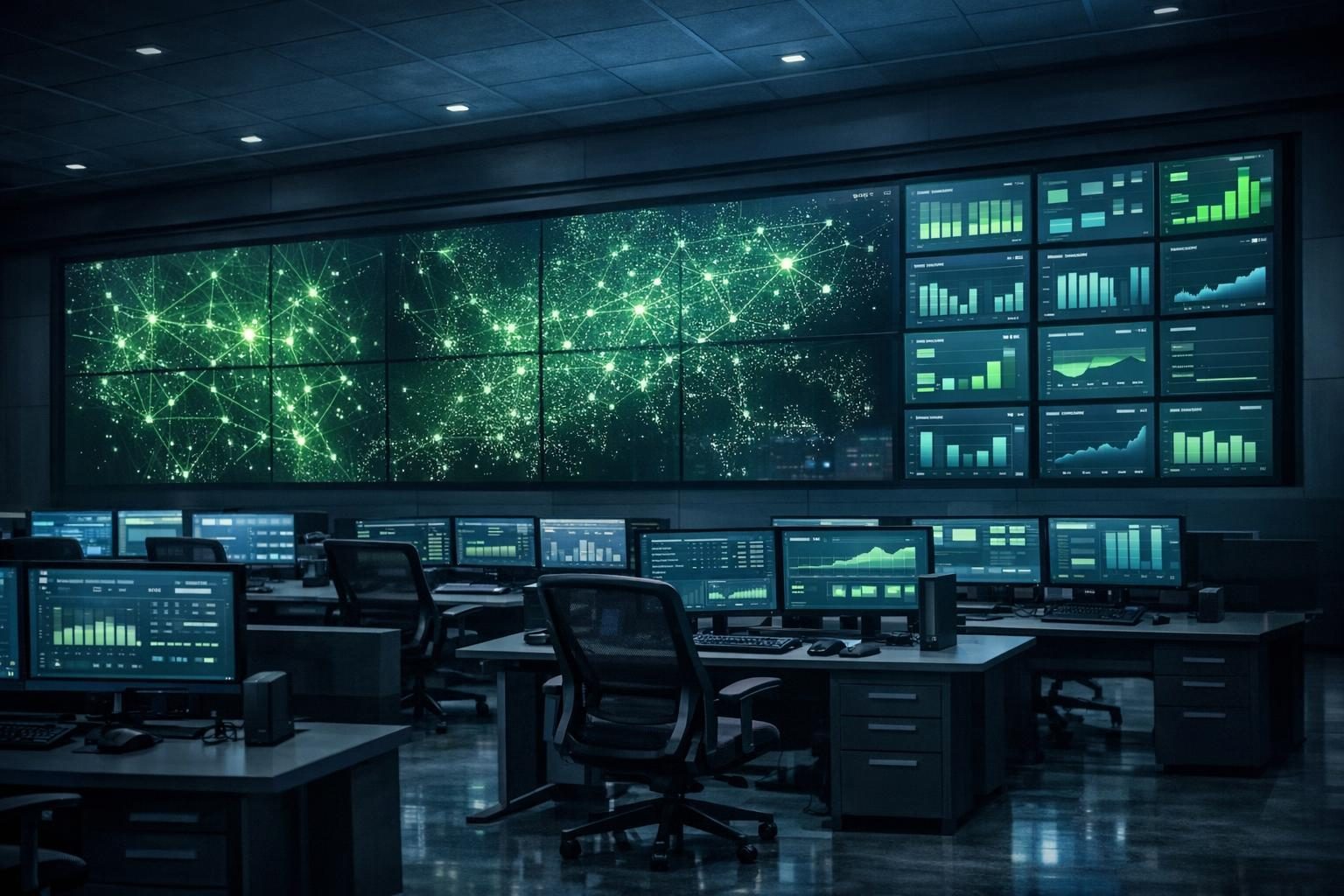 Operations team monitoring charging network health on large displays
