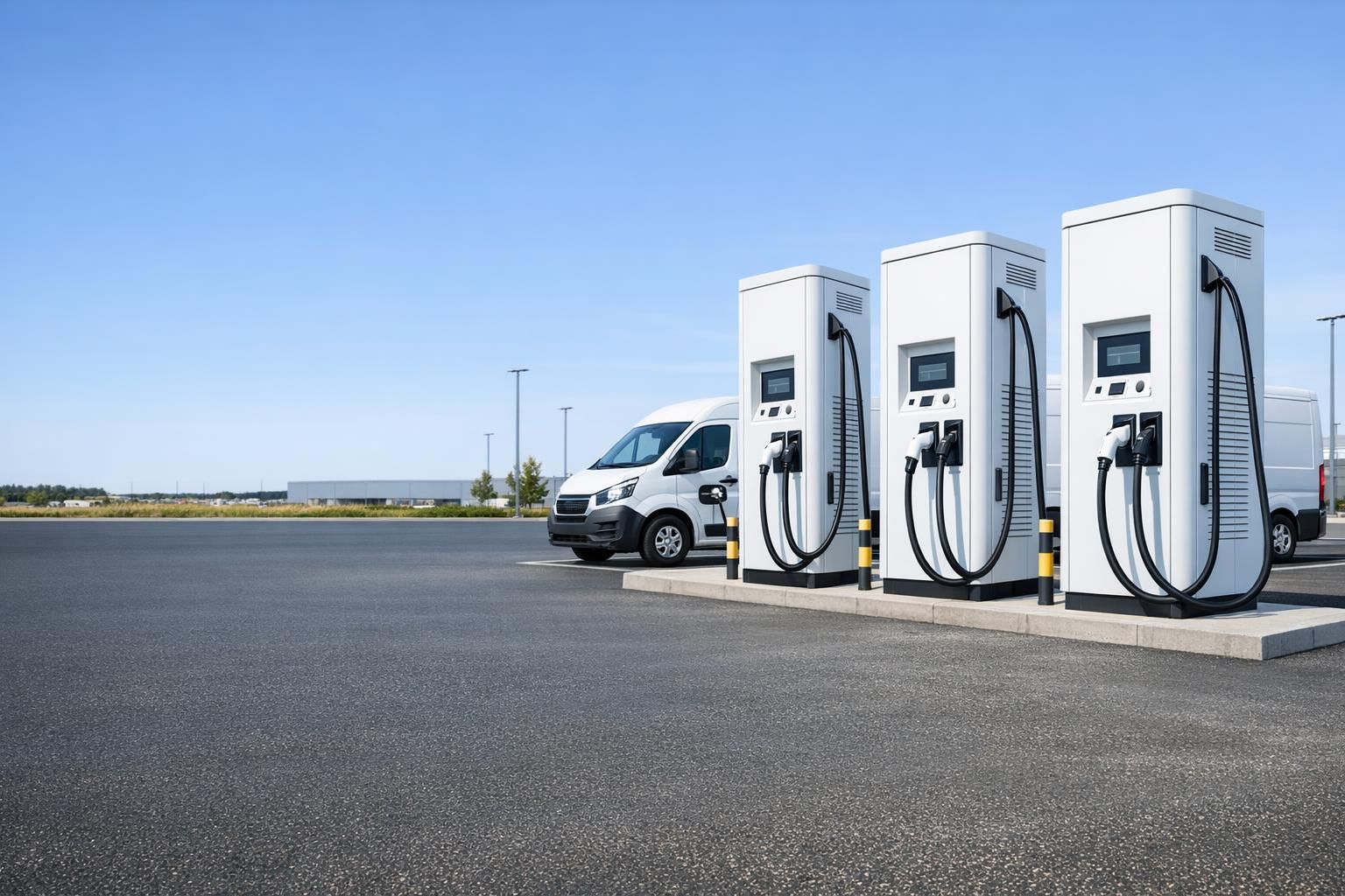 Unbranded commercial EV chargers and fleet van at a daylight depot