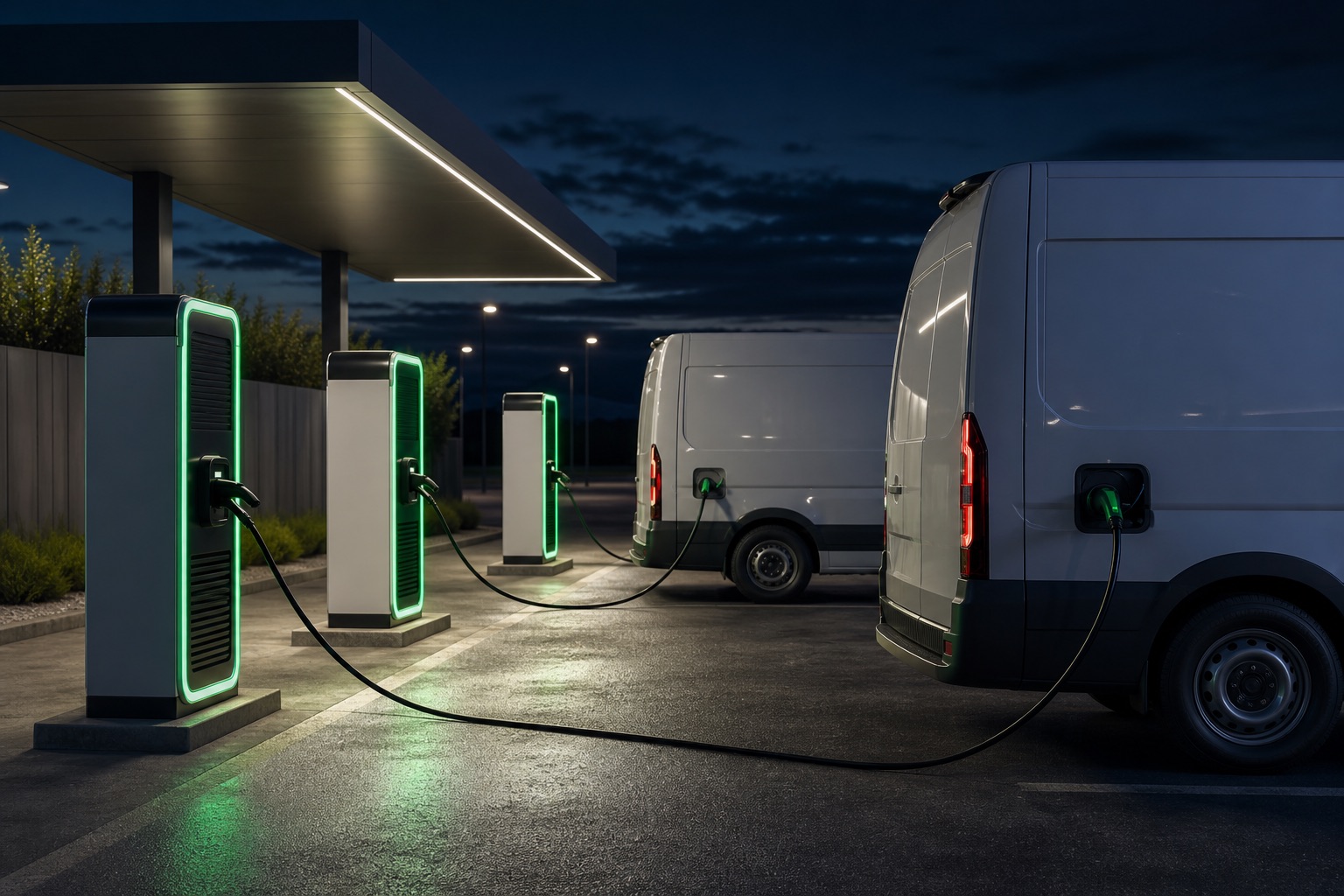 Unbranded corridor charging plaza with fleet vans at blue hour