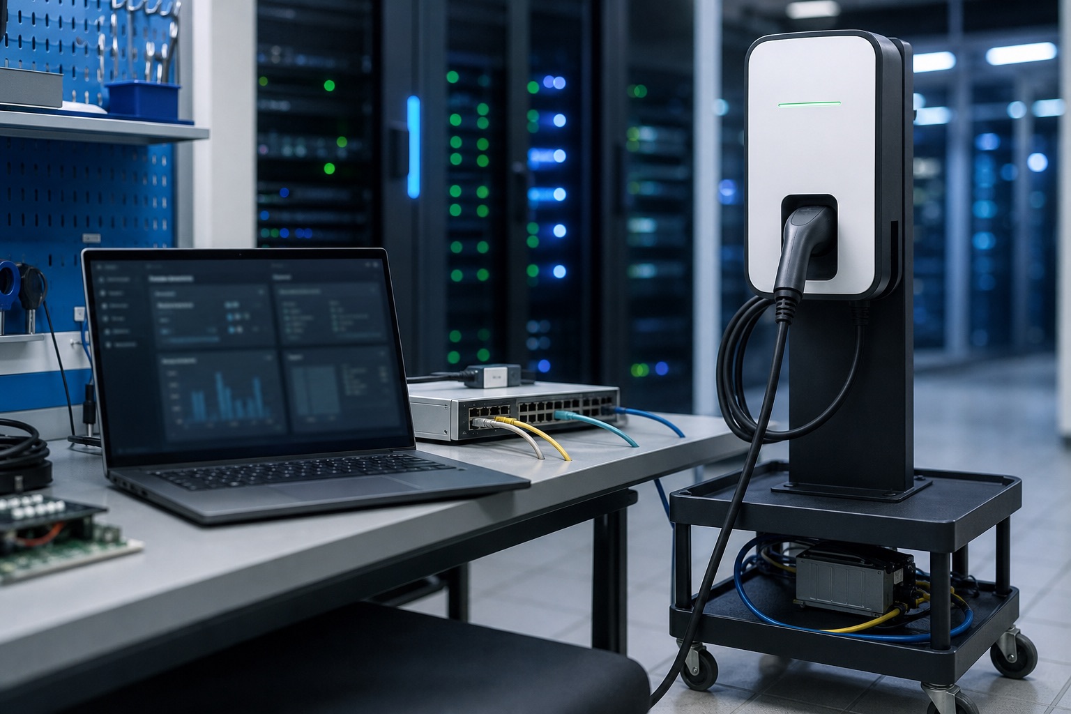 Lab bench with unbranded charger and console for OCPP simulation