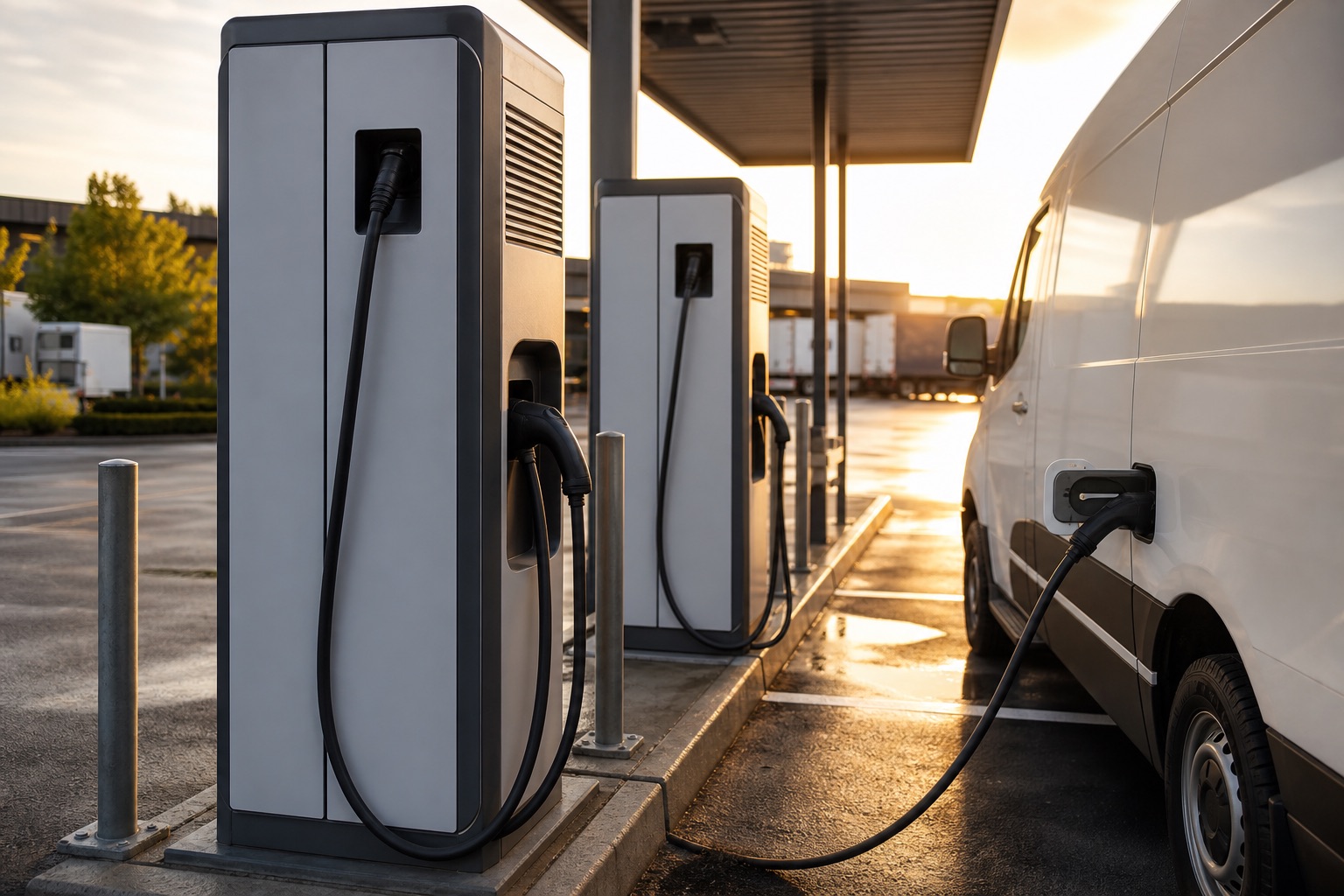 Unbranded corridor chargers with a fleet van at golden hour