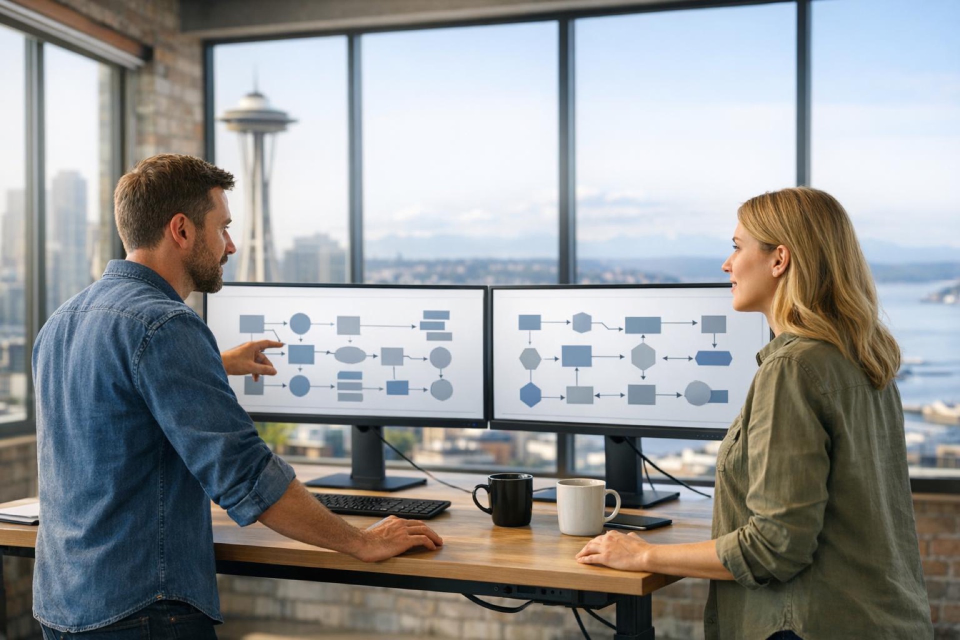 US platform engineers reviewing charging architecture diagrams in a Seattle loft with the Space Needle outside
