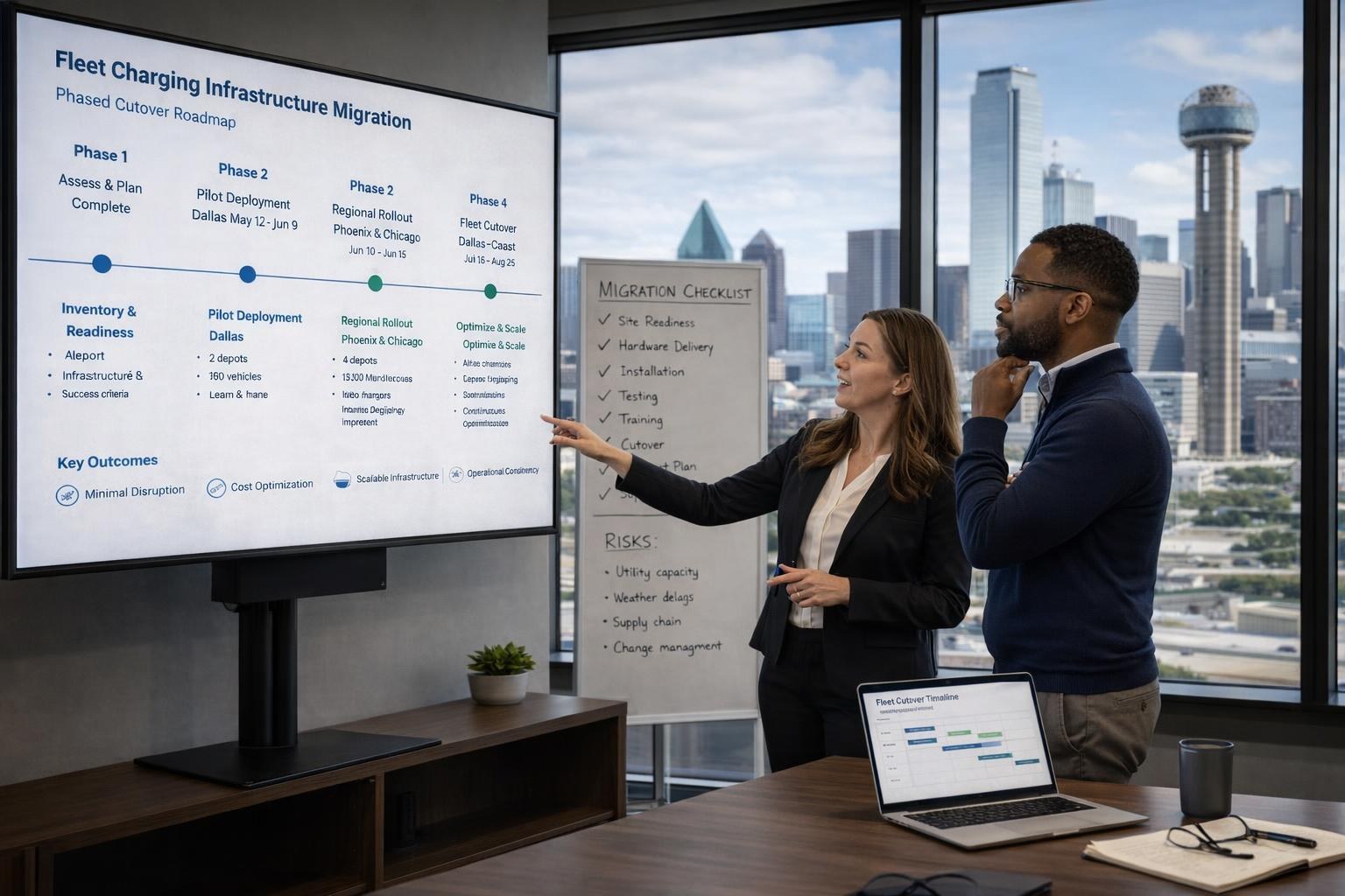 US enterprise team in Dallas planning fleet charging migration with Reunion Tower skyline