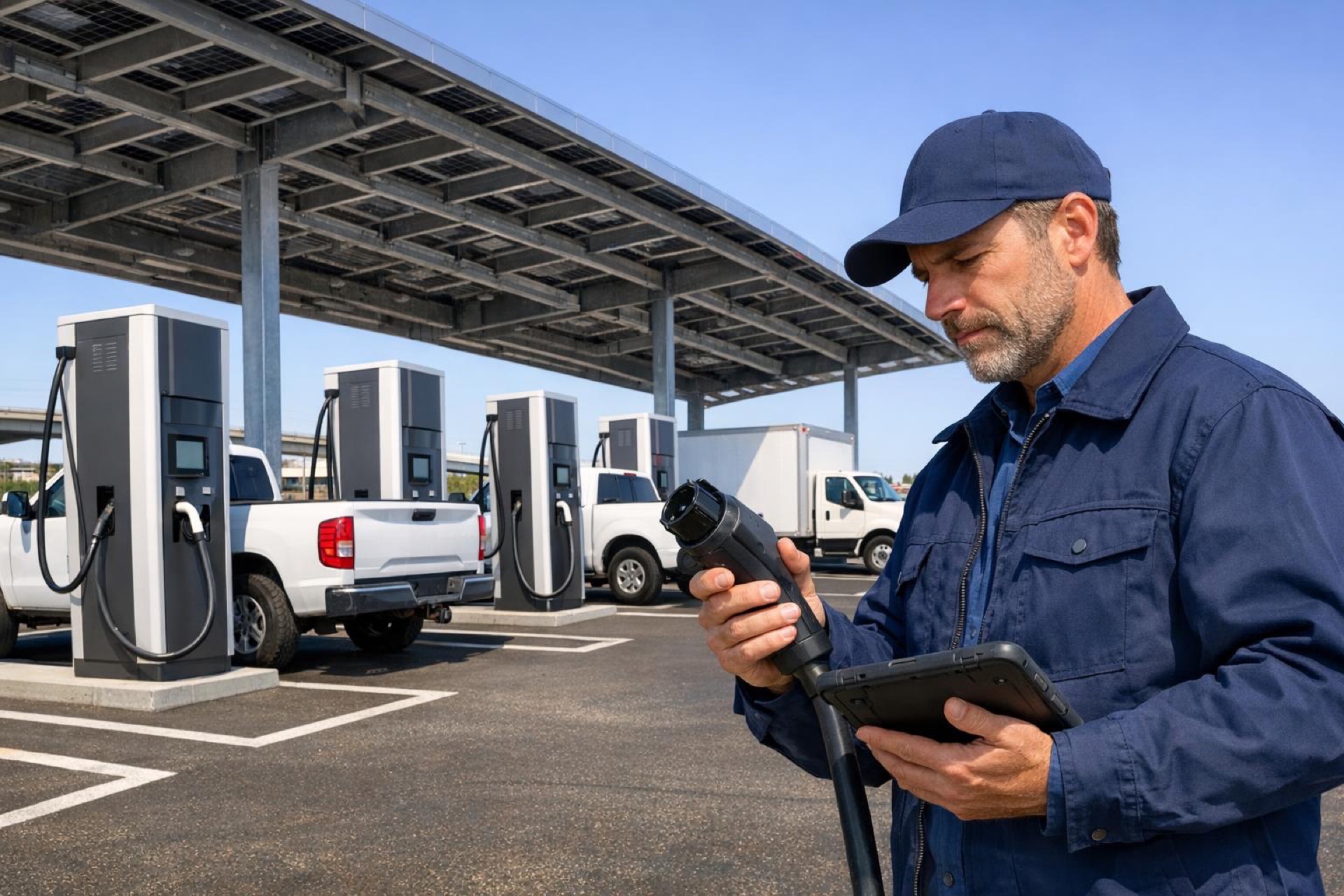 US technician inspecting an OCPP charger connector beside pickups under a solar carport depot