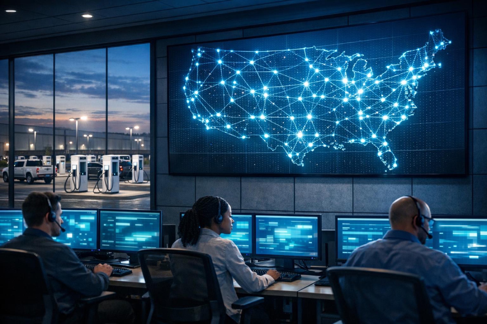 US security operations center with a national network map and EV charging depot outside the windows