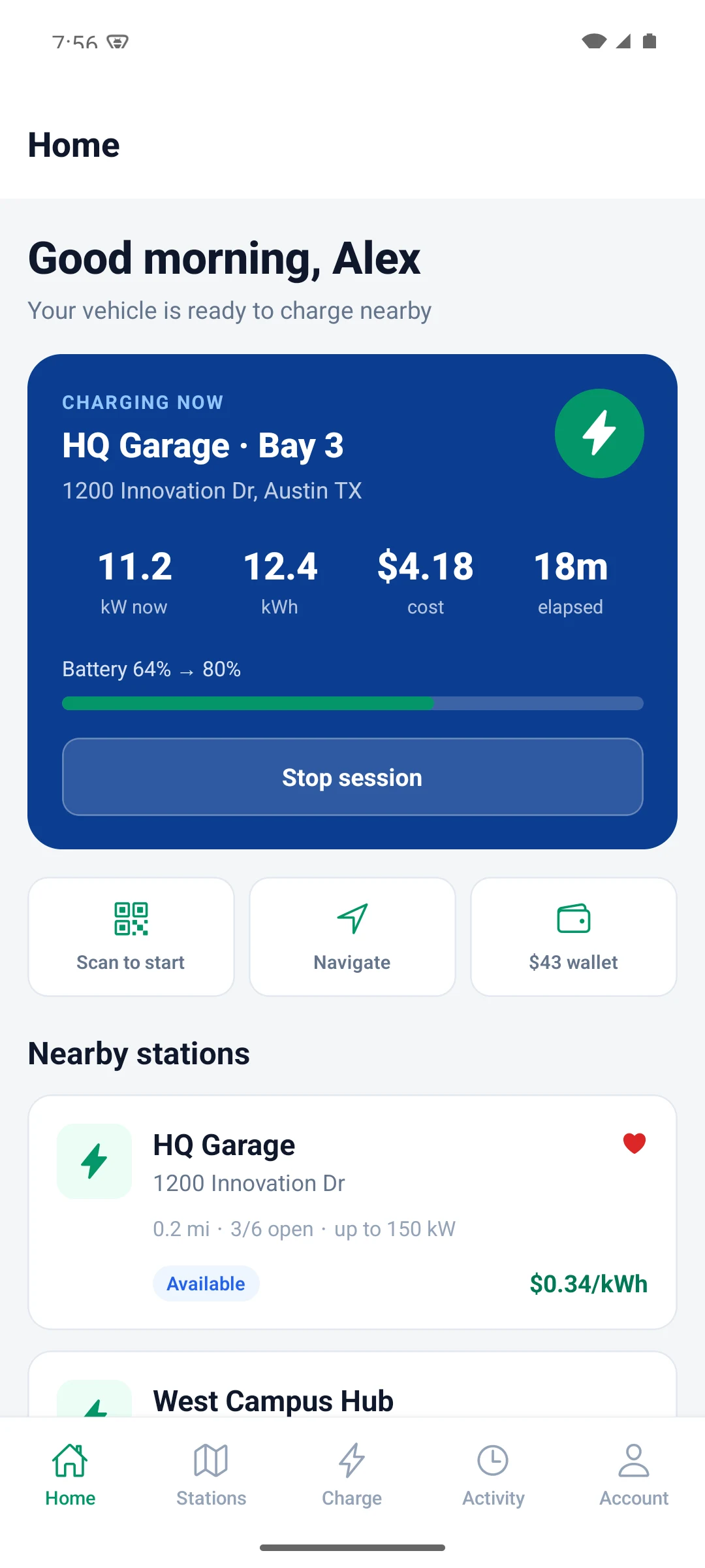 DeviceNIQ Driver Android — home with live charging session
