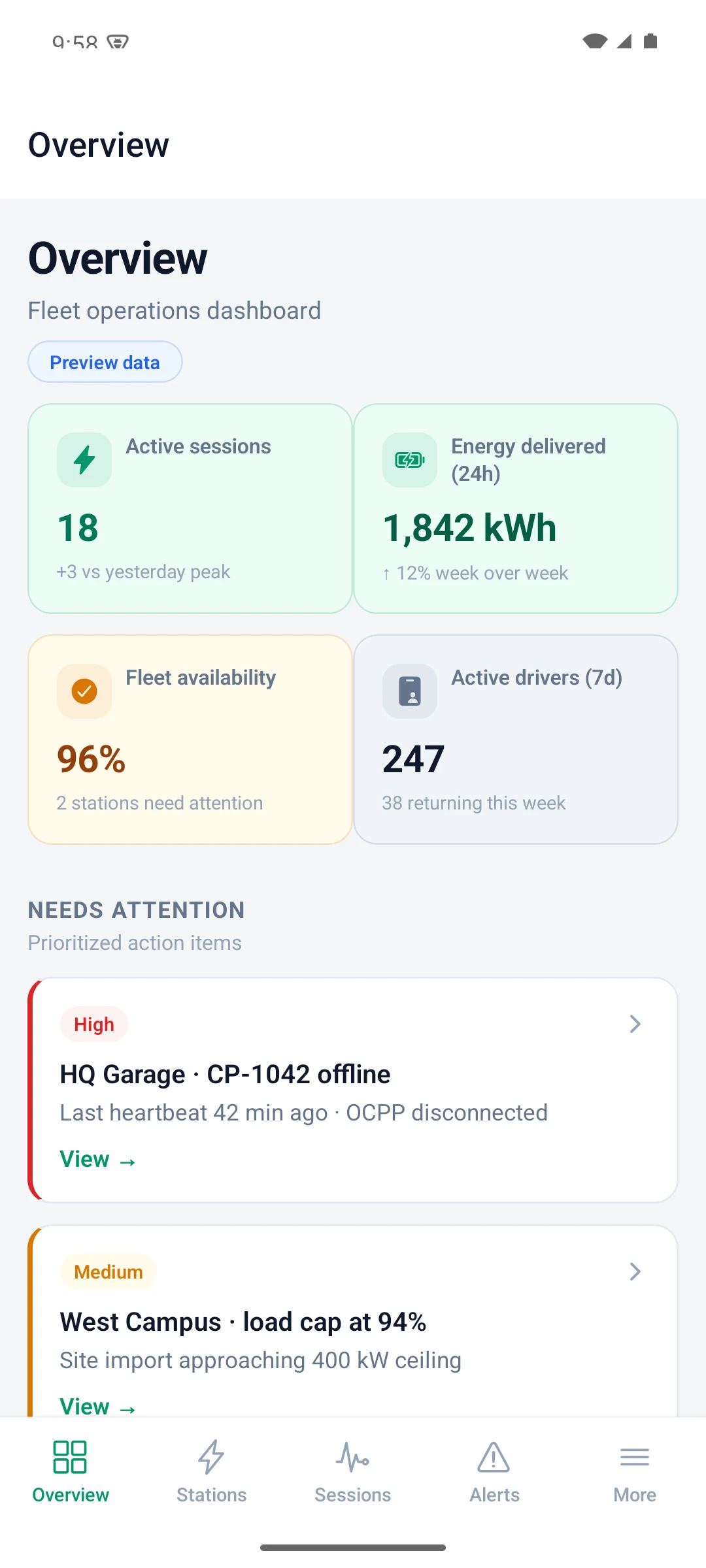DeviceNIQ Chargers Android operations app — fleet overview