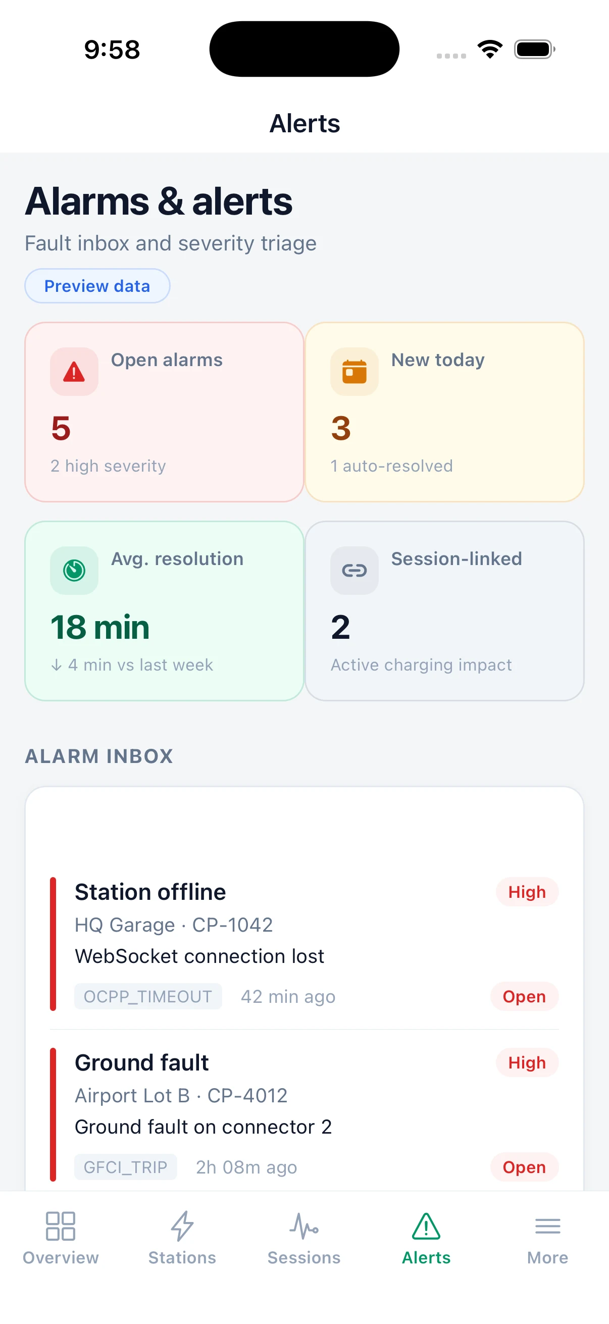 DeviceNIQ Chargers iOS operations app — alarms inbox