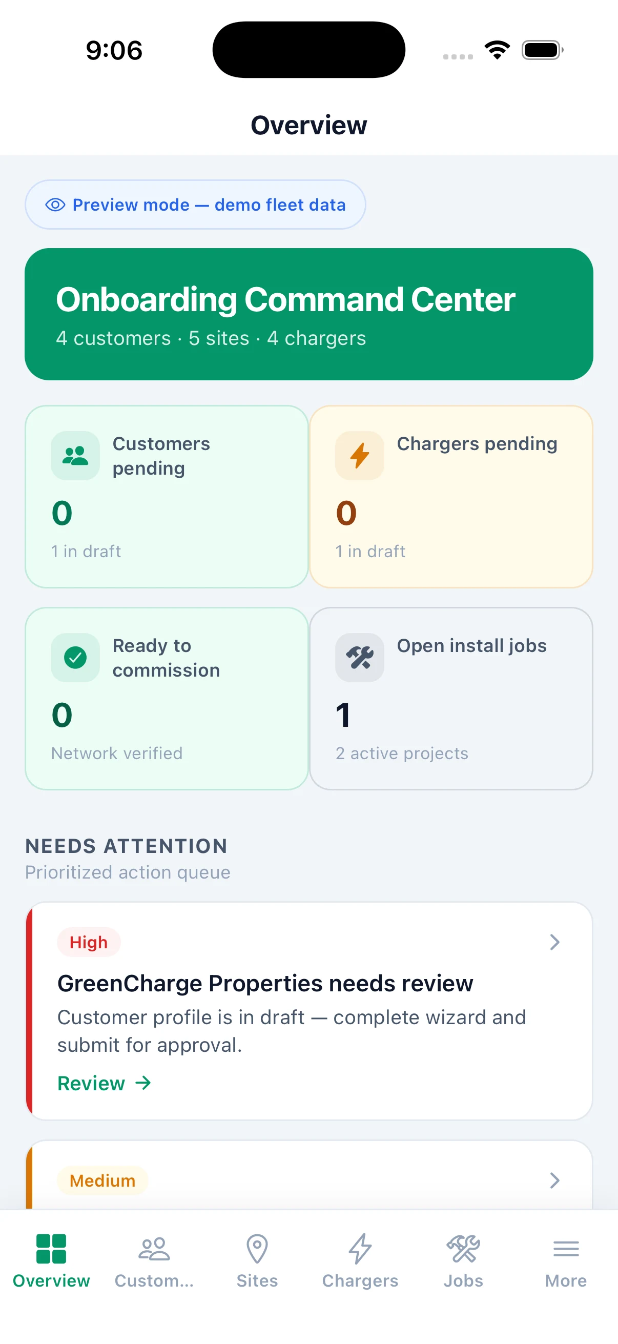 DeviceNIQ Onboarding iOS — command center with KPIs, pipeline funnel, and attention queue