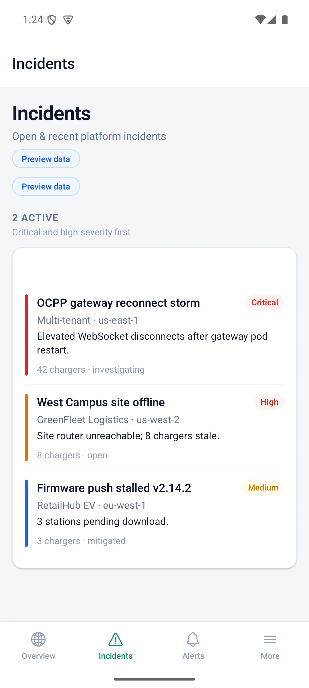 DeviceNIQ Platform NOC Android — active multi-tenant incident queue