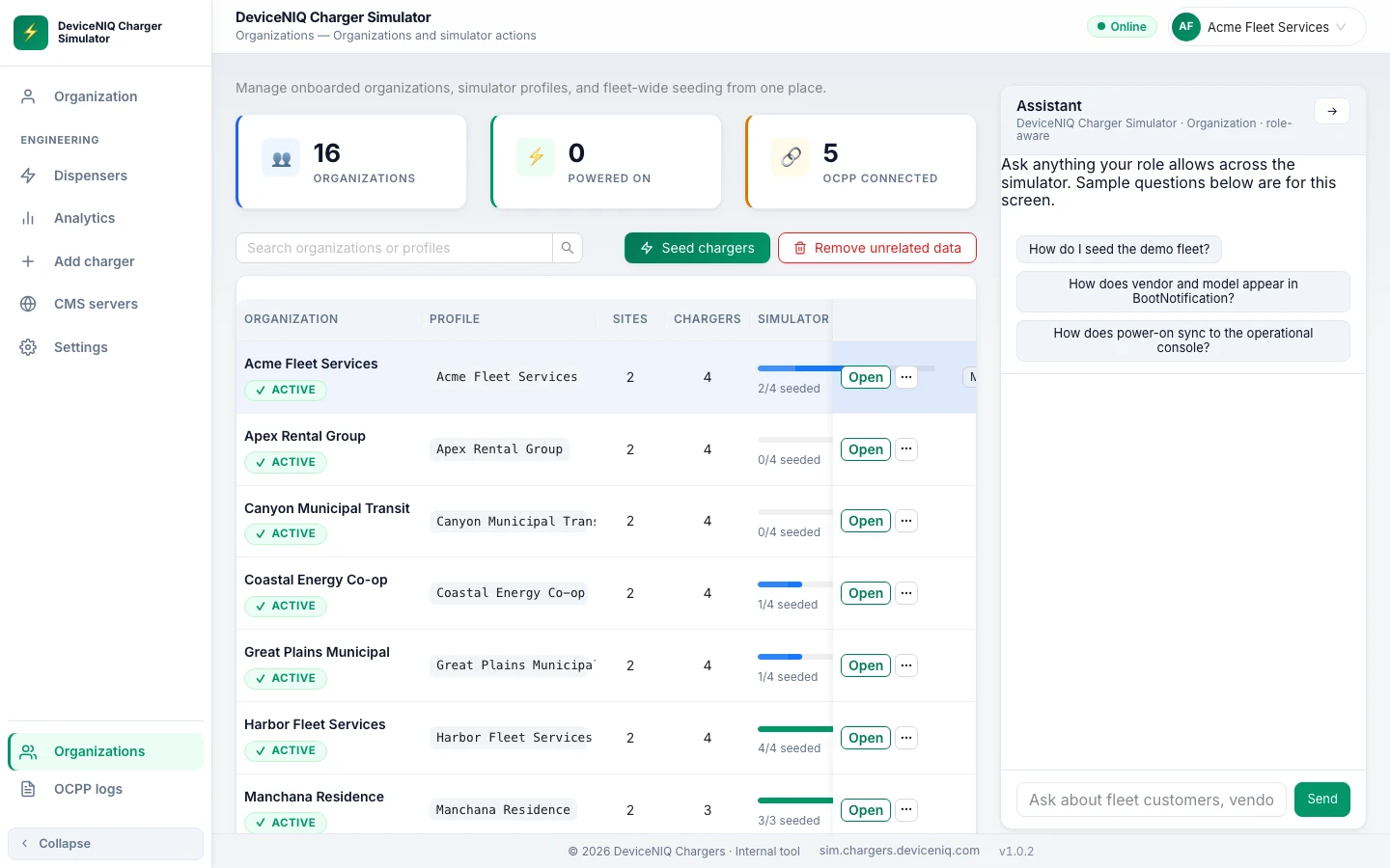 DeviceNIQ Charger Simulator web — organizations, seeding progress, and OCPP status